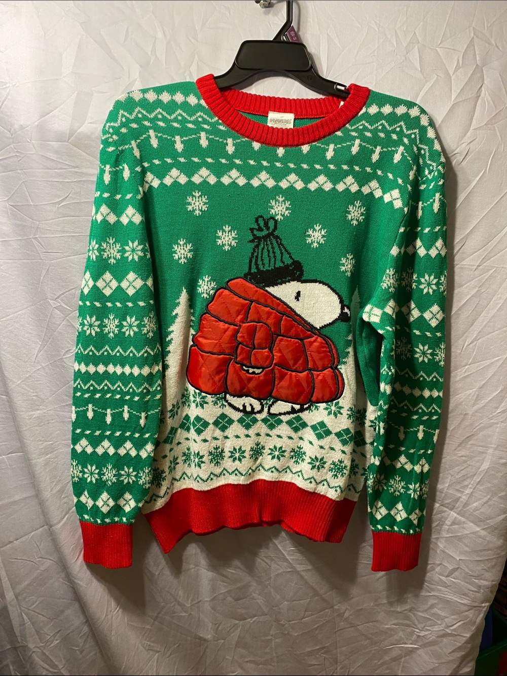 Peanuts Green and Red Crewneck Holiday Sweater with Snoopy Graphic